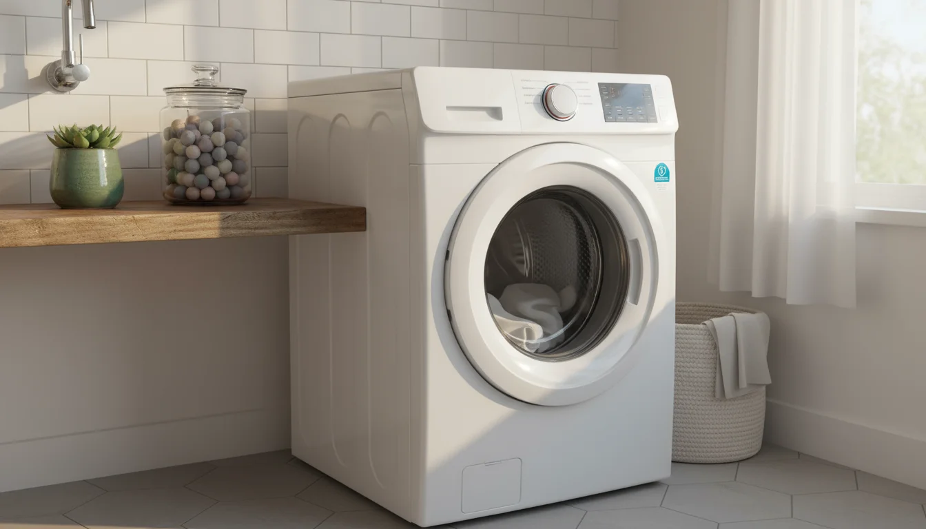 A new white front-load washing machine with a WaterSense label visible in a bright, organized laundry room.