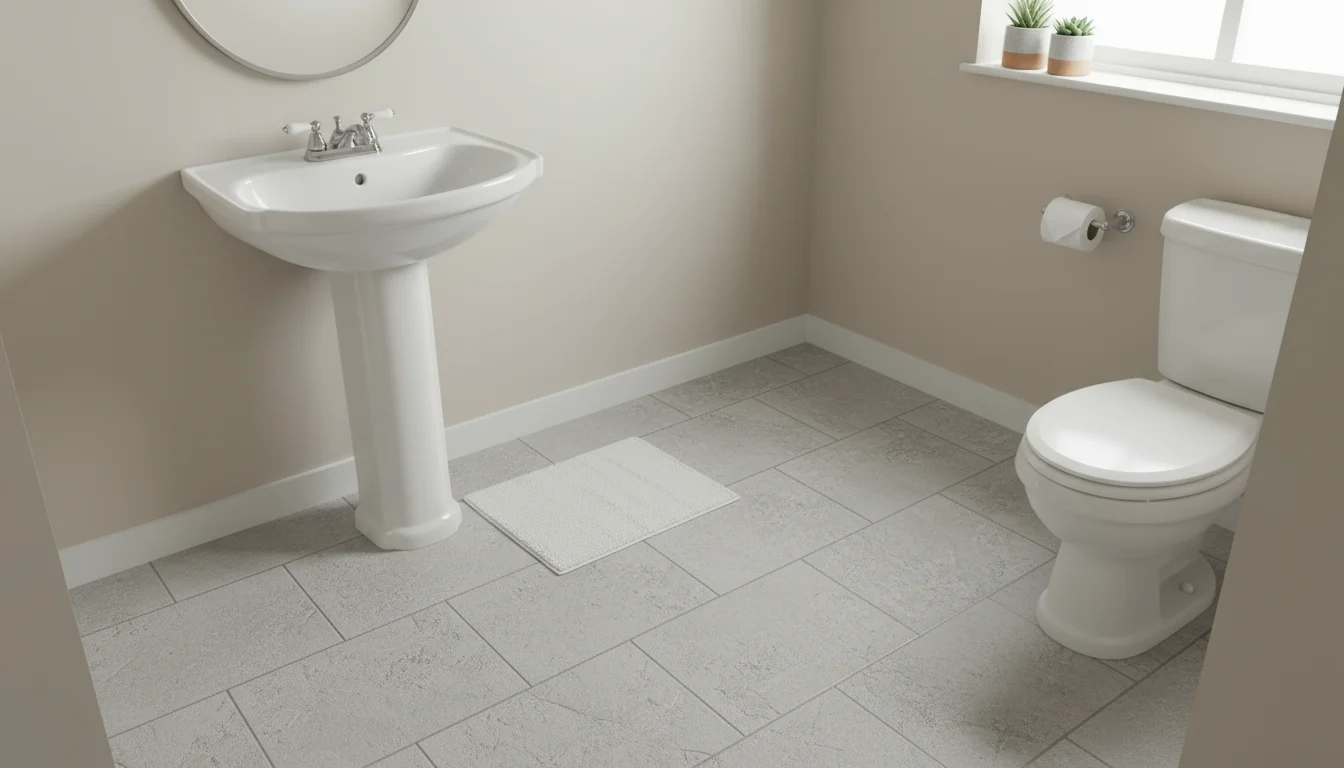 Newly installed light gray composite peel and stick tile floor mimicking stone in a clean rental bathroom with a white pedestal sink.