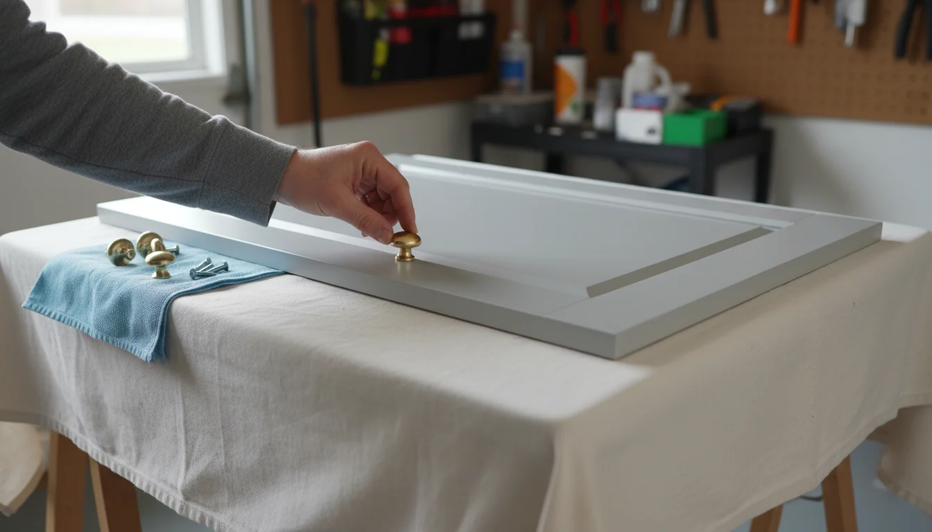 Newly painted light kitchen cabinet door rests on sawhorses. A hand carefully places a felt pad nearby. A slightly open window is in background, showi