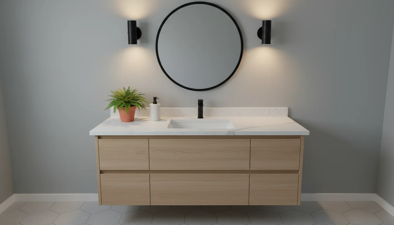 Newly updated bathroom vanity with a round black-framed mirror, flanked by warm-toned matte black sconces. A small fern and soap dispenser sit on a wo