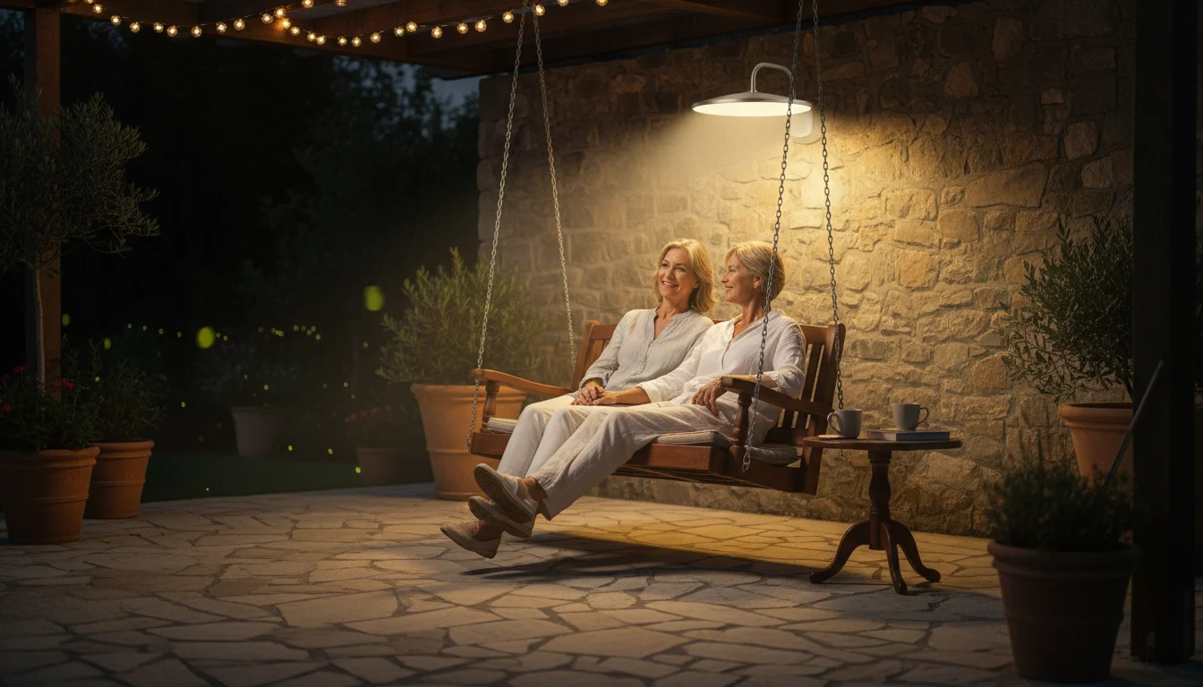 Older couple relaxes on a porch swing under a warm LED light, enjoying a peaceful, bug-free evening outdoors.