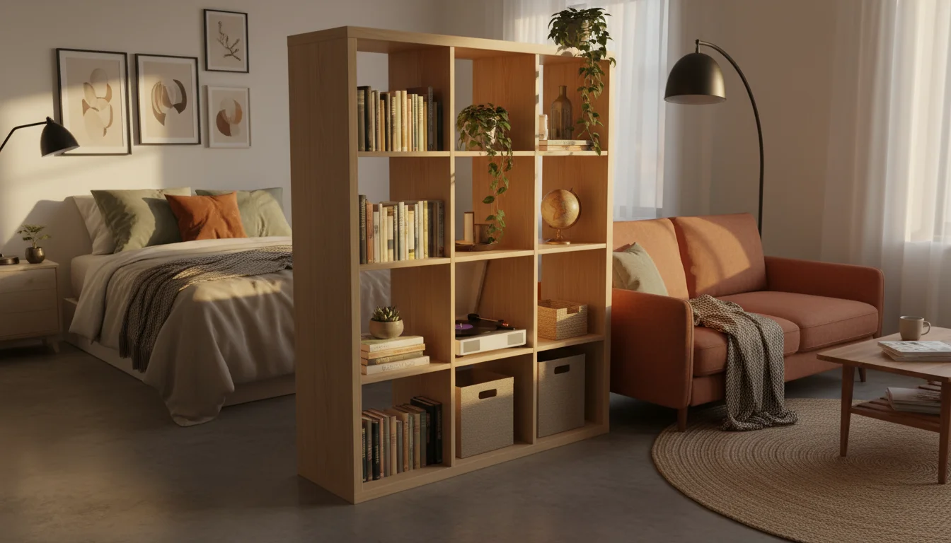 Wide shot of an open-backed shelving unit dividing a studio apartment. Plants and books are displayed, with a bed visible behind it.