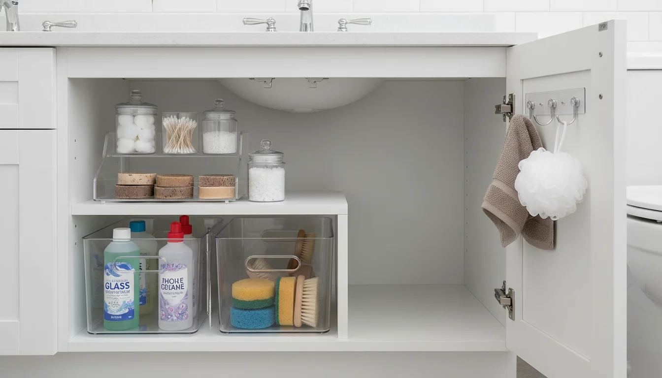 Open bathroom vanity cabinet with clear pull-out bins and tiered organizers holding toiletries and cleaning supplies. A hand is placing a bottle of lo