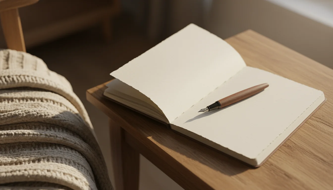 An open, blank journal with a dark wooden pen resting on it, on a light wooden table next to a soft blanket.