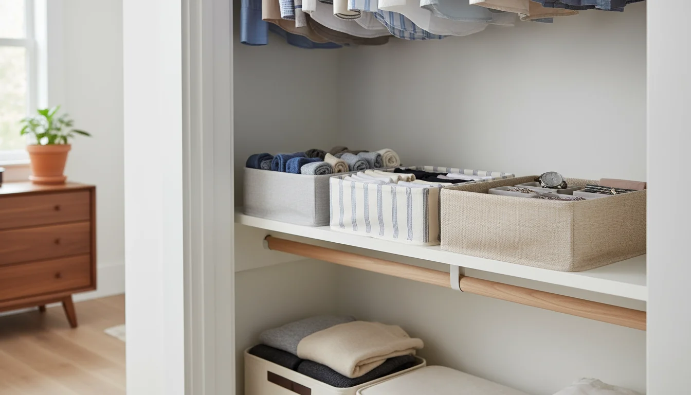 Open closet shelf with repurposed shoeboxes organizing socks, a clear plastic bin holding toys, and a denim pocket organizer on the door.