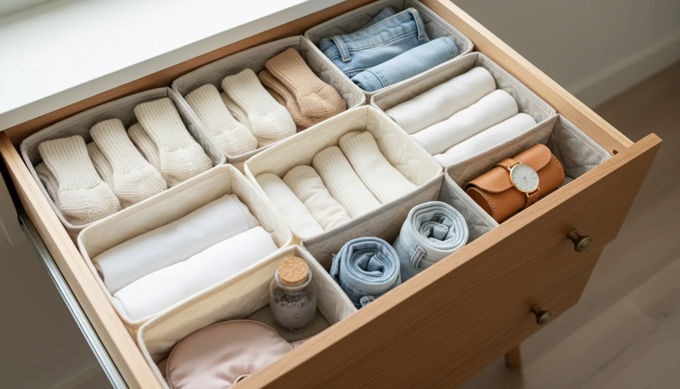 An open drawer meticulously organized with fabric dividers containing neatly folded socks, underwear, and a rolled scarf.