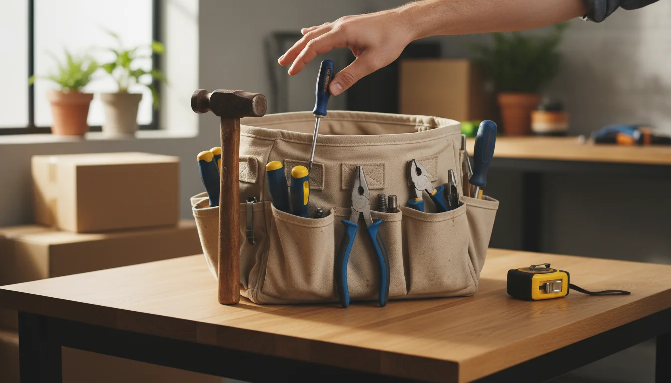 Open fabric tool caddy with a hammer, screwdrivers, pliers, and tape measure on a wooden table, a hand nearby.