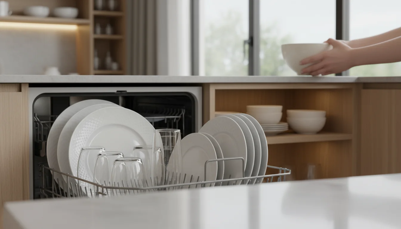 Open, integrated dishwasher full of sparkling, dry dishes. Hands in background place a clean bowl into a neat kitchen cabinet.