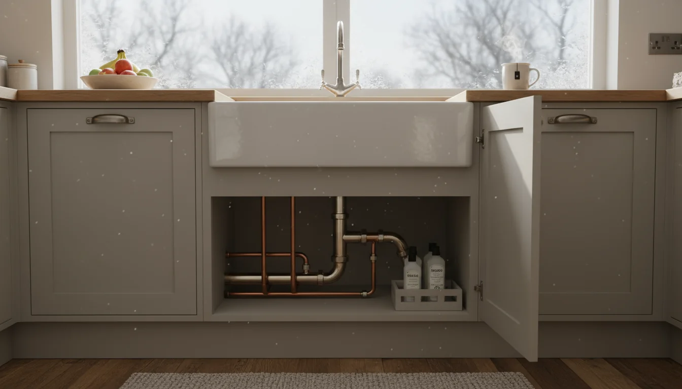 Open kitchen cabinet door under a sink, revealing plumbing pipes in a cozy winter kitchen.