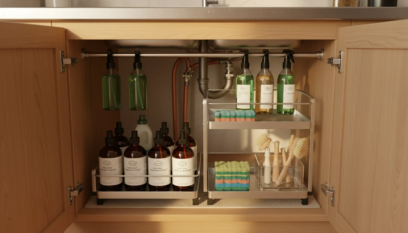 Open kitchen cabinet under sink with a two-tier pull-out organizer for cleaning supplies and a tension rod holding spray bottles.