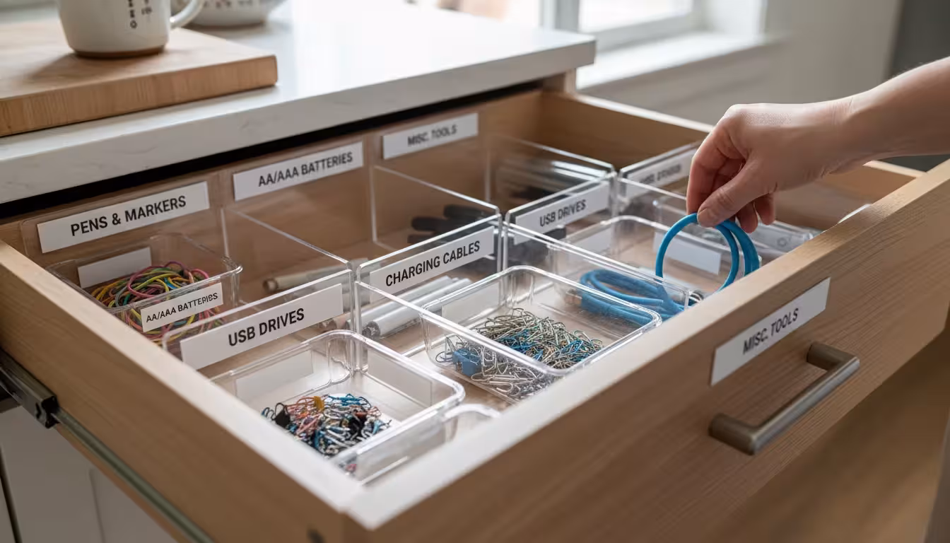 Open kitchen drawer with clear laminated labels on dividers and bins holding small household items. A hand reaches in.
