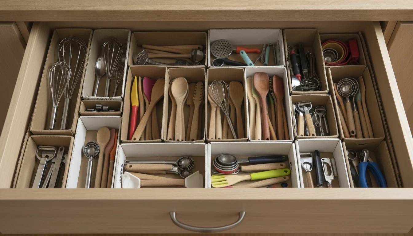 An open kitchen drawer meticulously organized with various kitchen utensils neatly separated by repurposed shoeboxes and cardboard dividers.