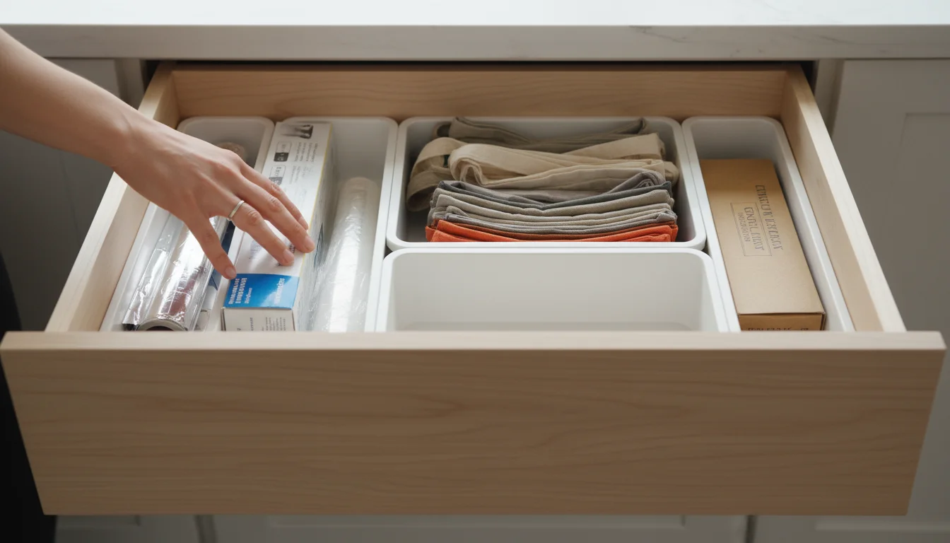 Open kitchen drawer organized with white dispenser organizers holding aluminum foil, plastic wrap, parchment paper, and folded bags. A hand reaches fo