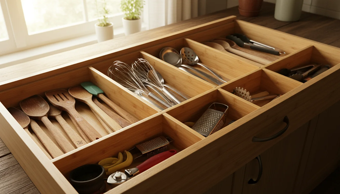 An open kitchen drawer with simple bamboo dividers neatly organizing everyday cooking utensils like spatulas, ladles, and whisks under soft natural li