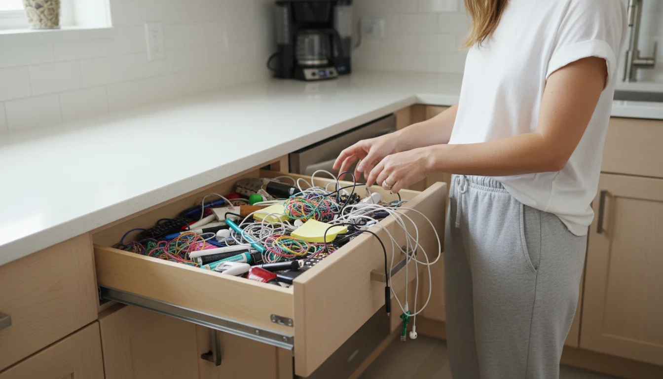 An open kitchen junk drawer is overstuffed and overflowing onto a light countertop, a woman looking at the chaotic mess with a thoughtful expression.