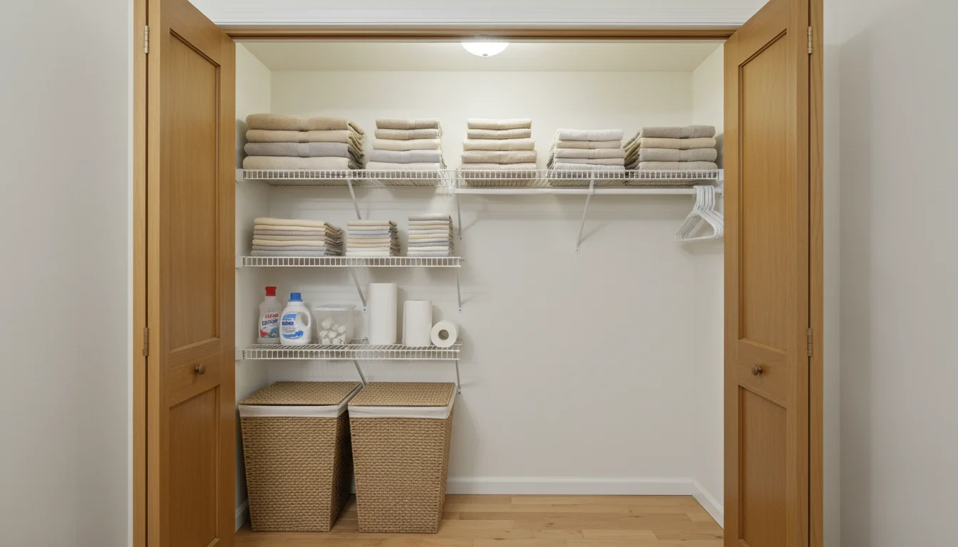 Open linen closet with functional white wire shelving holding neatly folded neutral-toned towels and laundry bins, showcasing practical organization.