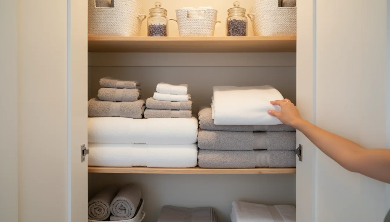 An open linen closet with a person's hand reaching for a neatly folded white bath towel from a well-organized middle shelf.
