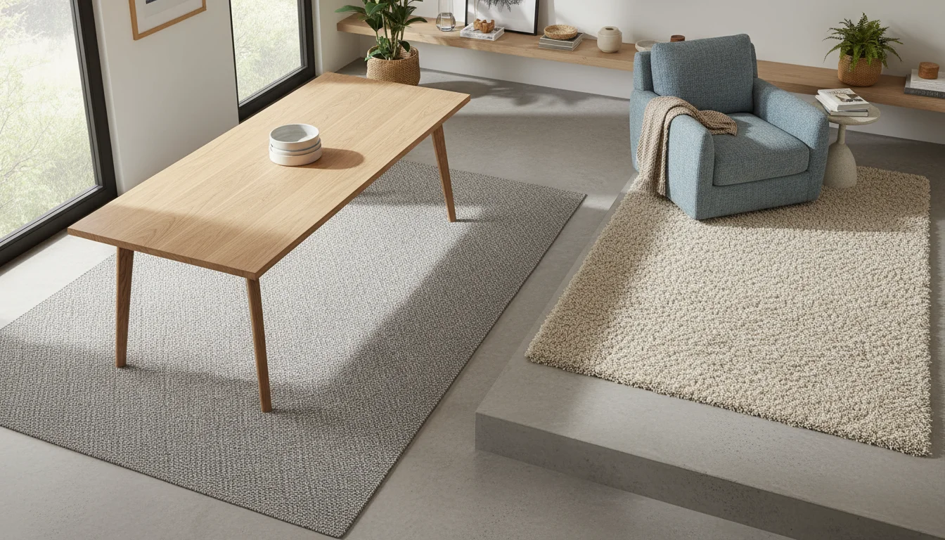 An open living and dining area with a low-pile rug under a dining table and a medium-pile rug in a cozy sitting area.