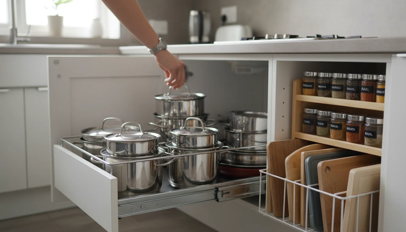 Open lower kitchen cabinet with budget-friendly pull-out and tiered organizers for pots, pans, cutting boards, spices. Hand reaching for jar.