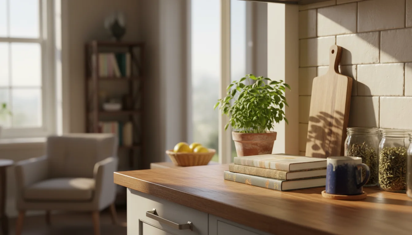An open notebook on a tidy wooden kitchen counter, with handwritten questions visible on the page, bathed in natural light.