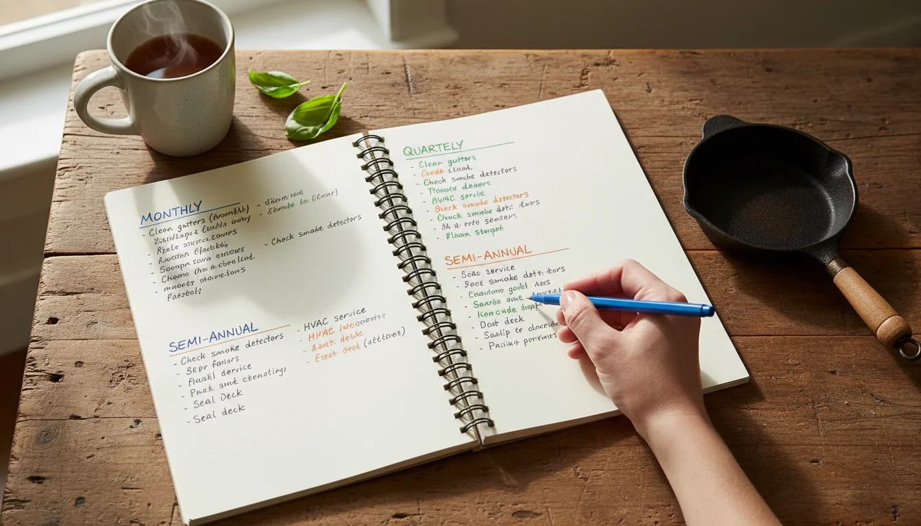 An open notebook on a wooden surface with a handwritten, color-coded home maintenance calendar categorized by frequency. A hand with a pen points to t