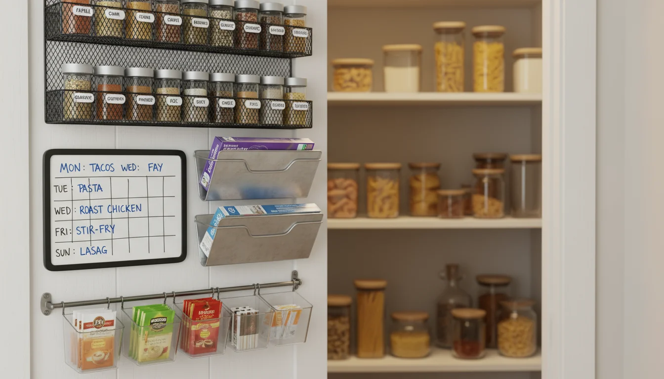 Open pantry door organized with a spice rack, dry-erase board, repurposed magazine holders for wraps, and bins for tea bags.