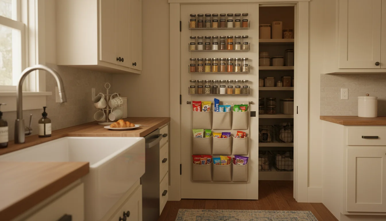 Open pantry door with clear spice racks and fabric organizer, a hand reaching for a spice jar. Pantry shelves blurred behind.