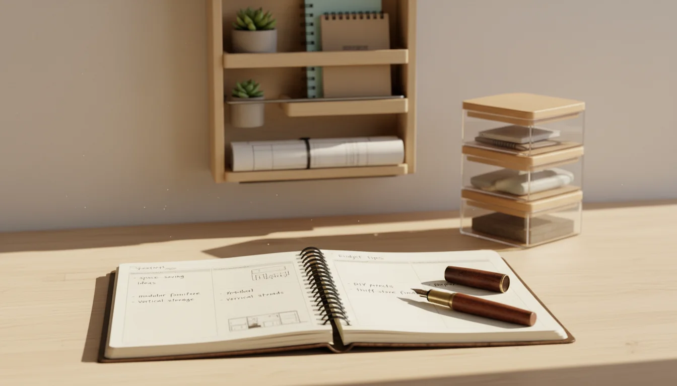 Close-up of an open spiral planner with handwritten notes and a pen on a wooden table, with a soft-focus vertical storage unit behind.