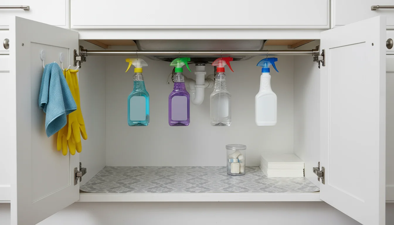 Open under-sink kitchen cabinet with a tension rod holding cleaning spray bottles and a hook on the door with a microfiber cloth.