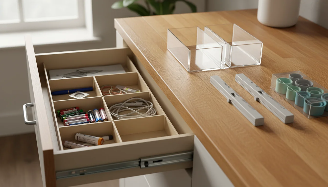 An open utility drawer containing a fixed compartment tray, with new expandable, adjustable, and interlocking organizers on the adjacent counter.