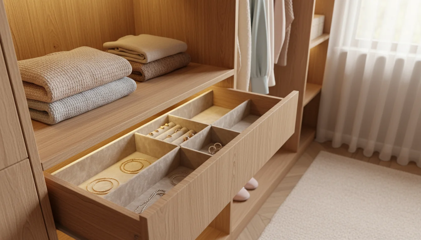 A slightly open, velvet-lined drawer in a custom light wood closet system, showing organized jewelry and folded sweaters.