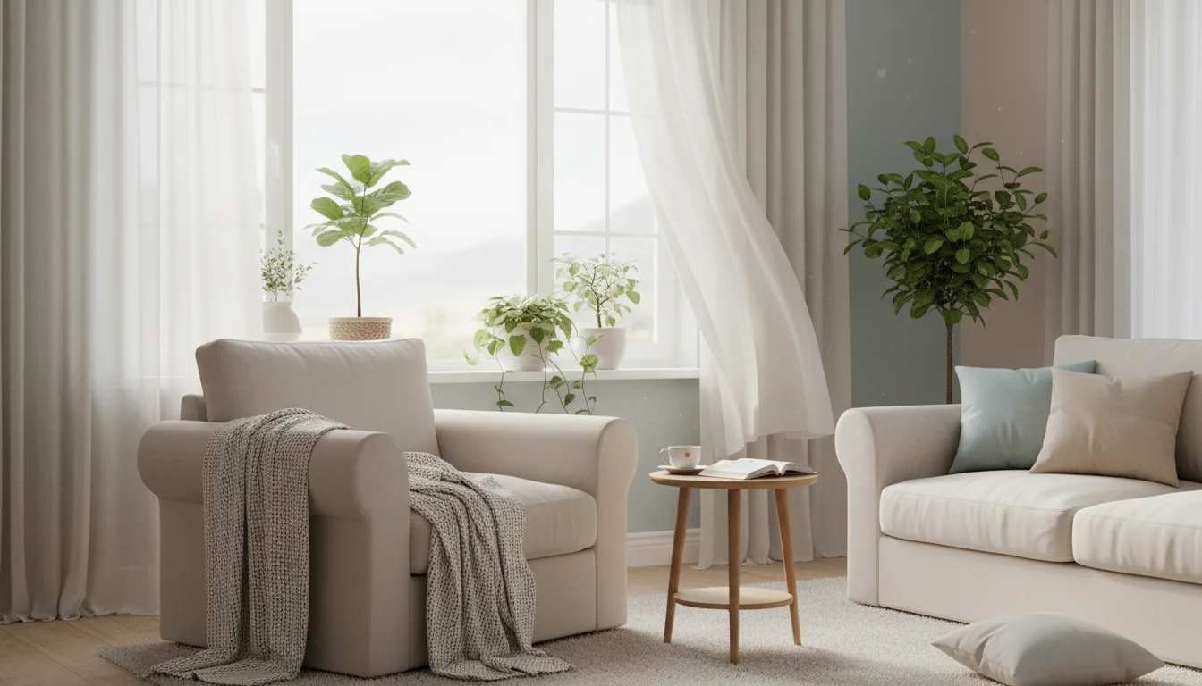 A slightly open window with billowy linen curtains in a sunlit living room, an armchair nearby, and a snake plant on a table.
