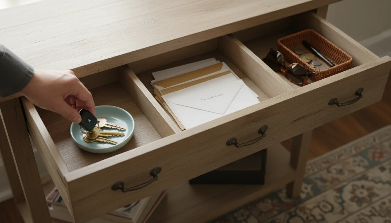 Slightly overhead shot of an open wooden drawer in an entryway console, showing keys, mail, and sunglasses neatly organized. A hand places keys into a