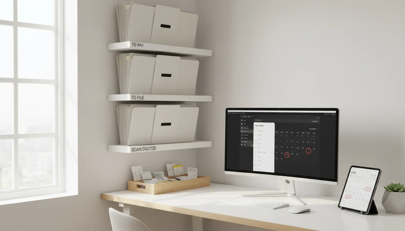 Organized adult command center with labeled file folders, a receipt tray, a tablet displaying tasks, and a smart speaker, with a hand placing a receip