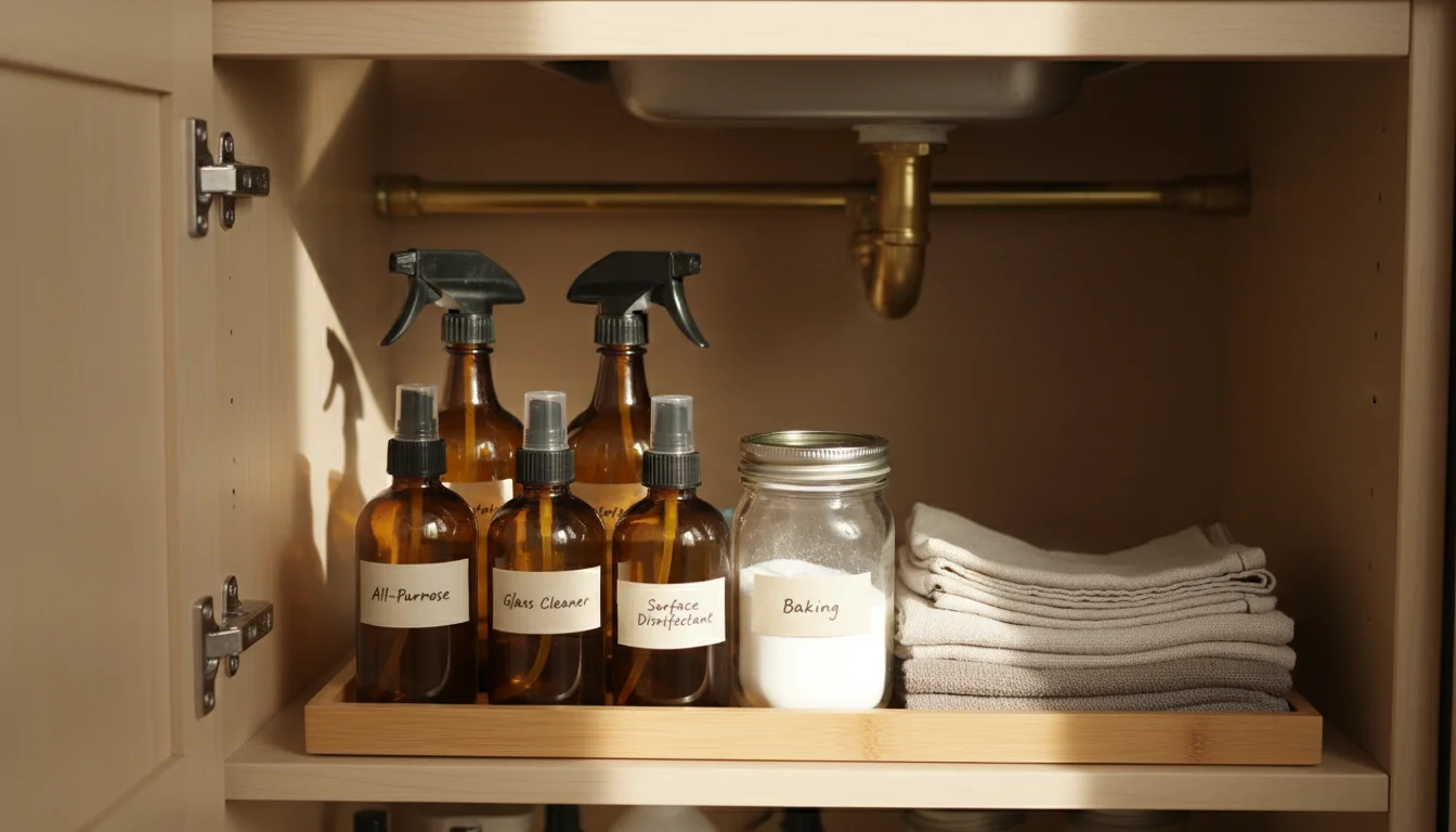 Organized amber glass spray bottles, baking soda, and natural fiber cloths in an under-sink cabinet, ready for cleaning.