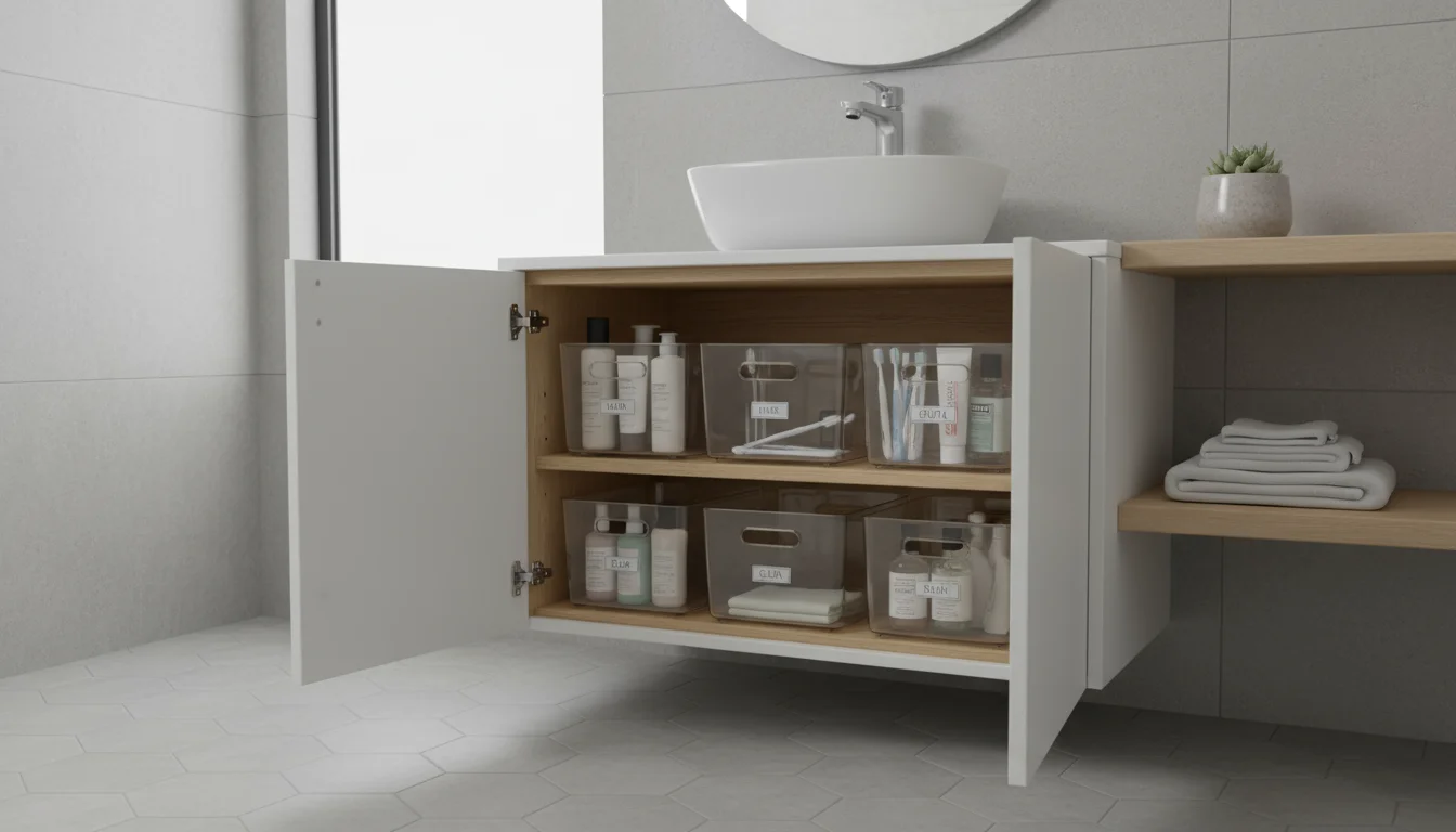 Organized bathroom vanity with clear bins sorting toiletries, and a fabric bin on a shelf holding fresh towels and bath bombs.