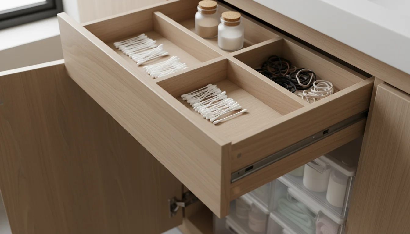 Organized bathroom vanity drawer with natural wood dividers and open cabinet below revealing clear, stackable under-sink organizers in soft light.