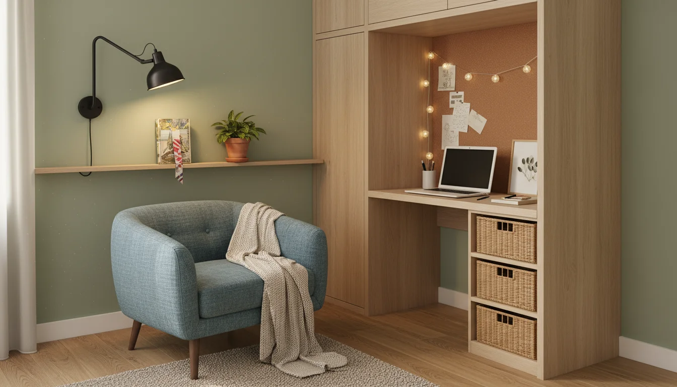 Organized bedroom corner showing a reading nook with an armchair and lamp, and an adjacent dressing zone with an open wardrobe and mirror. Under-bed s