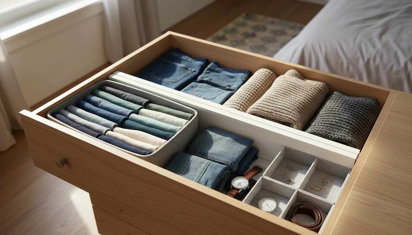 Neatly organized bedroom dresser drawer: vertically folded clothes in a fabric bin, adjustable divider, and felt-lined tray with accessories.