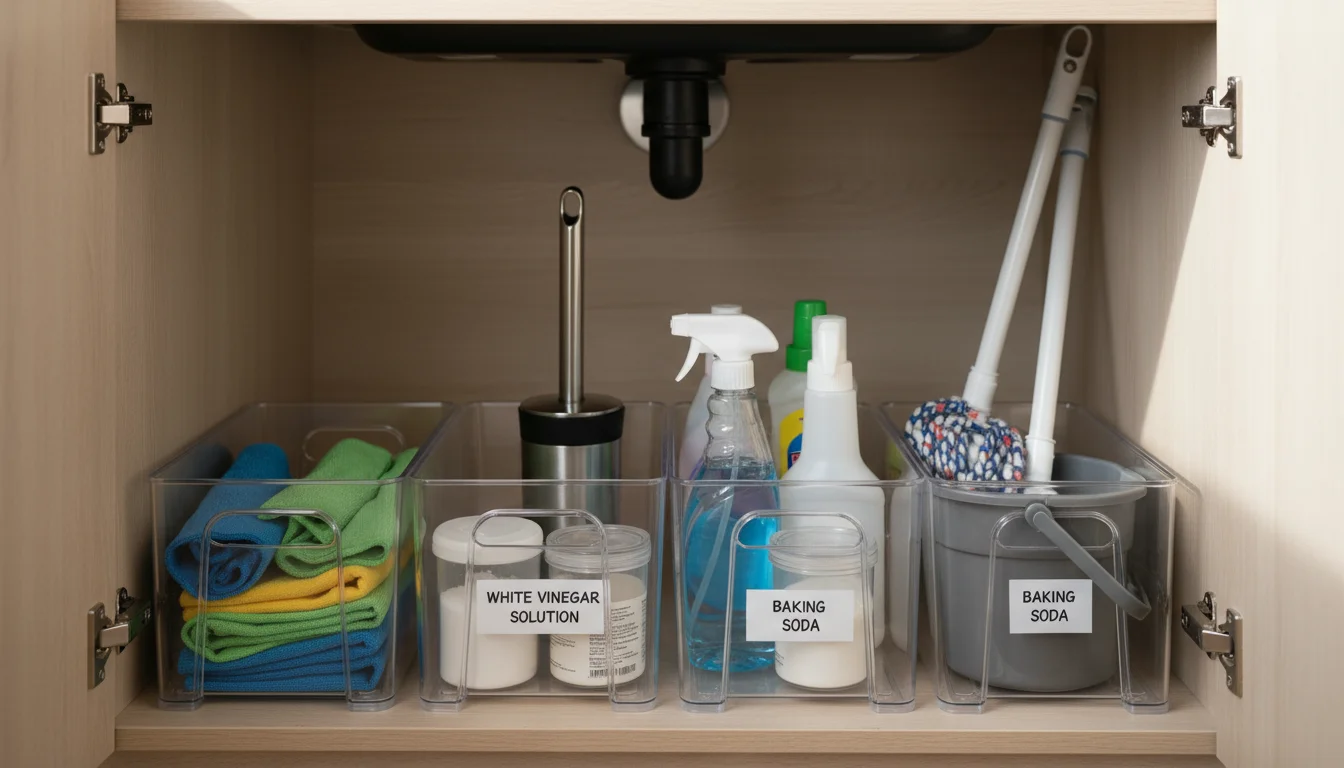 Neatly organized cleaning supplies inside a cabinet: microfiber cloths, vinegar, baking soda, spray bottles, toilet brush, mop, and bucket.