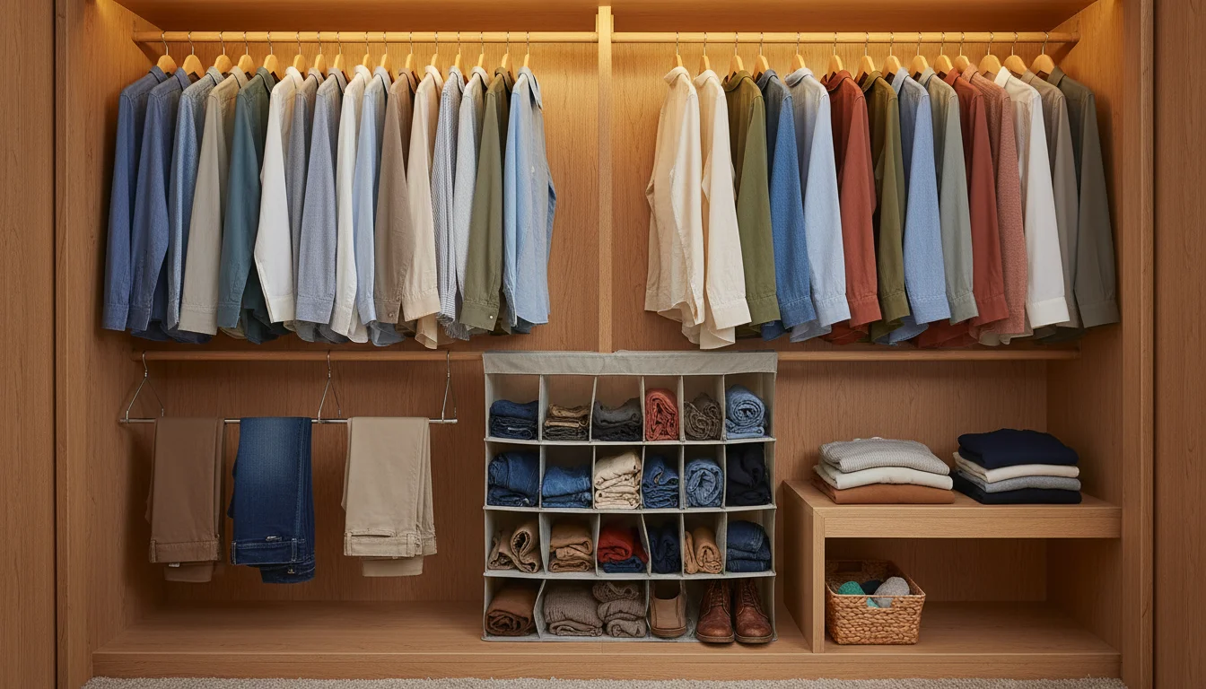 Organized closet interior featuring double-hanging rods with shirts and pants, a tiered hanger, and hooks holding a scarf and tote bag.