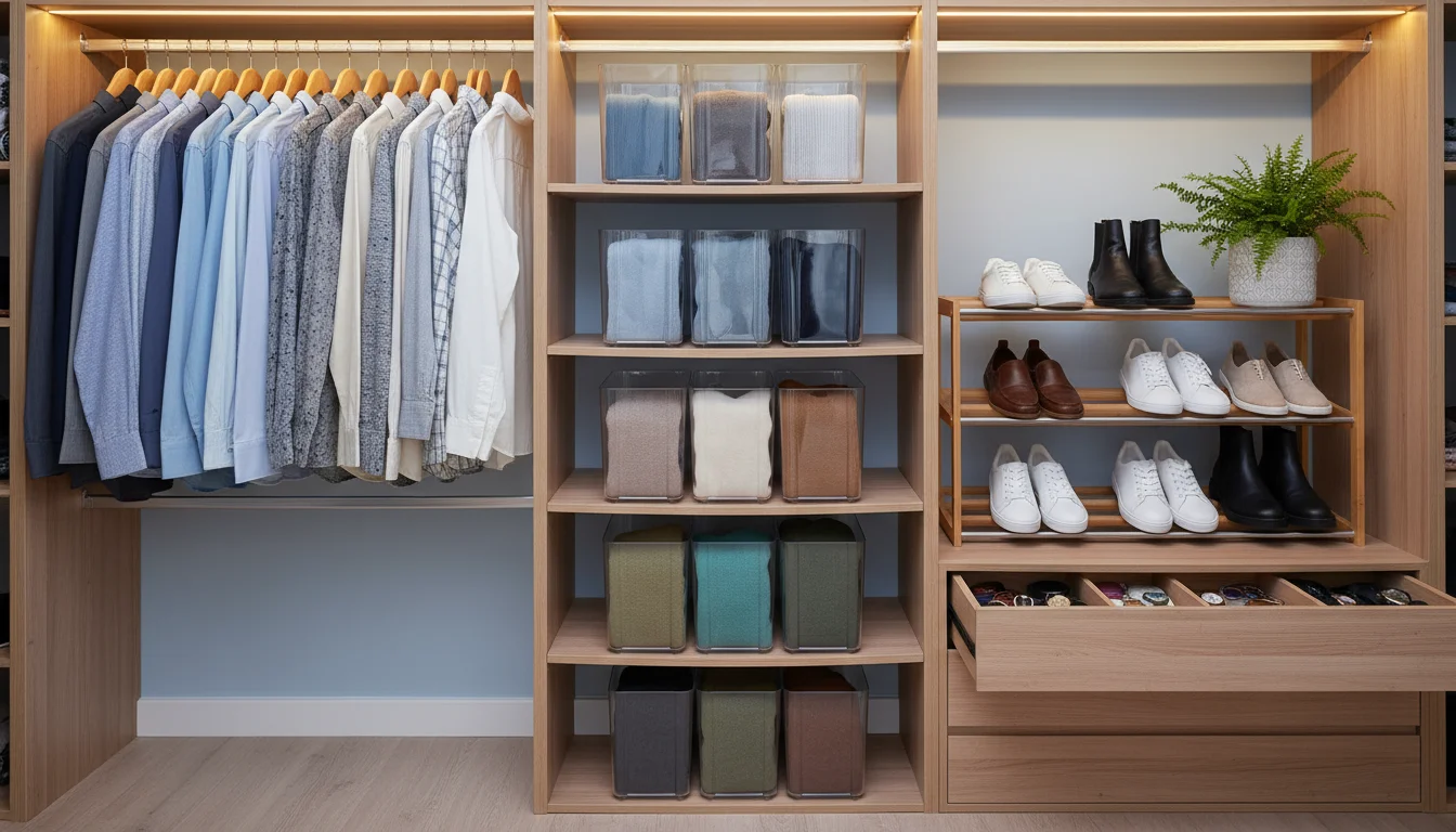 Organized closet section with distinct zones for hanging clothes, folded sweaters in clear bins, shoes on a rack, and accessories in an open drawer.