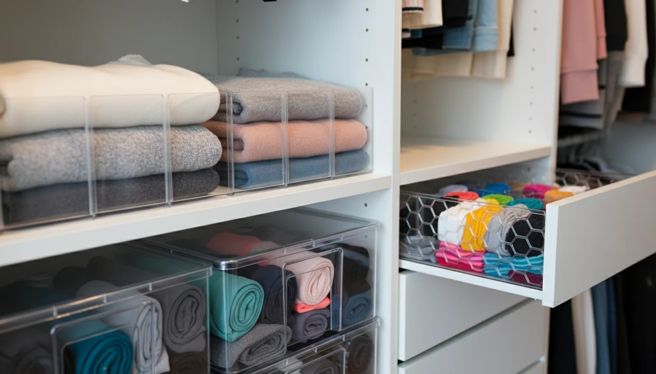 Close-up of an organized closet shelf with clear dividers separating sweaters and stackable bins below. A slightly open drawer reveals sock organizers