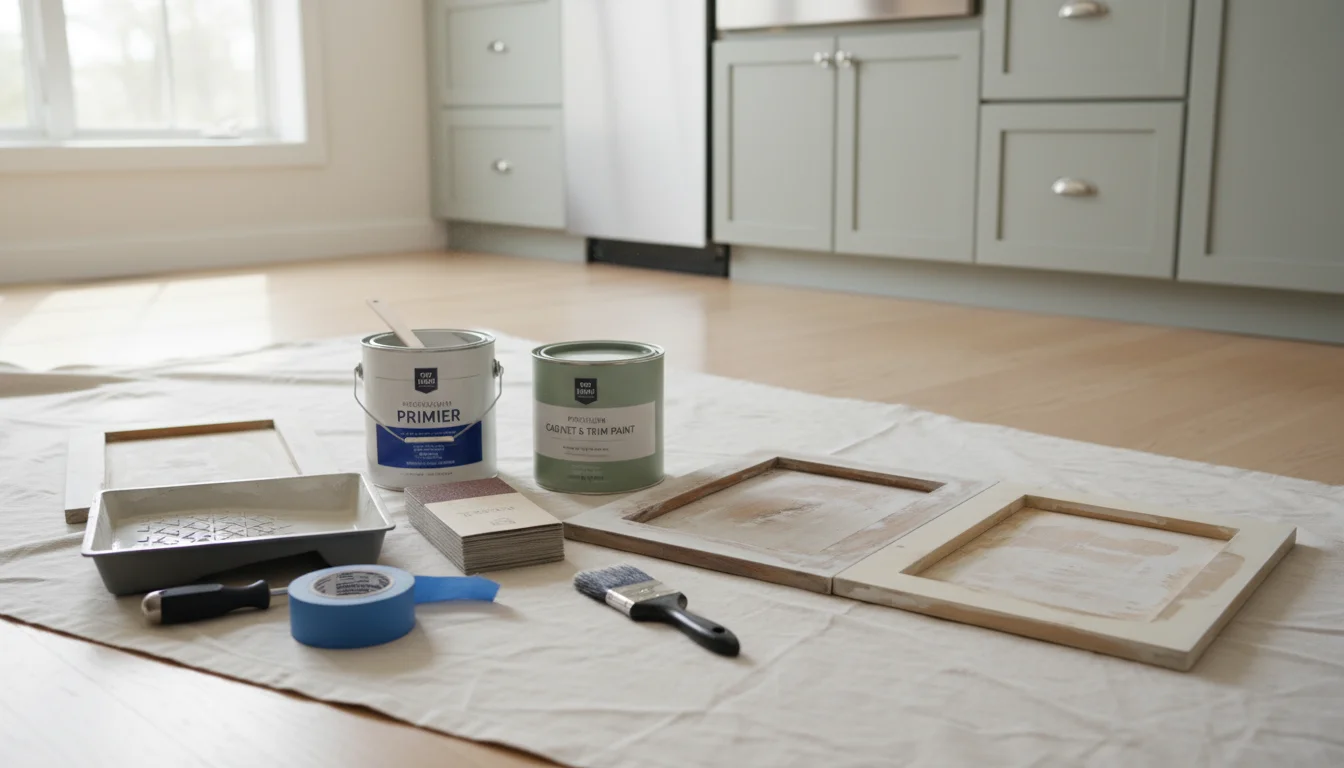 An organized collection of cabinet painting essentials, including paint, primer, sandpaper, brushes, rollers, tape, and degreaser, laid out on a drop 