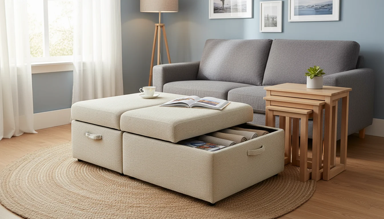 Organized compact living room with multi-functional furniture: storage ottoman, nesting tables, sofa bed, and console desk.