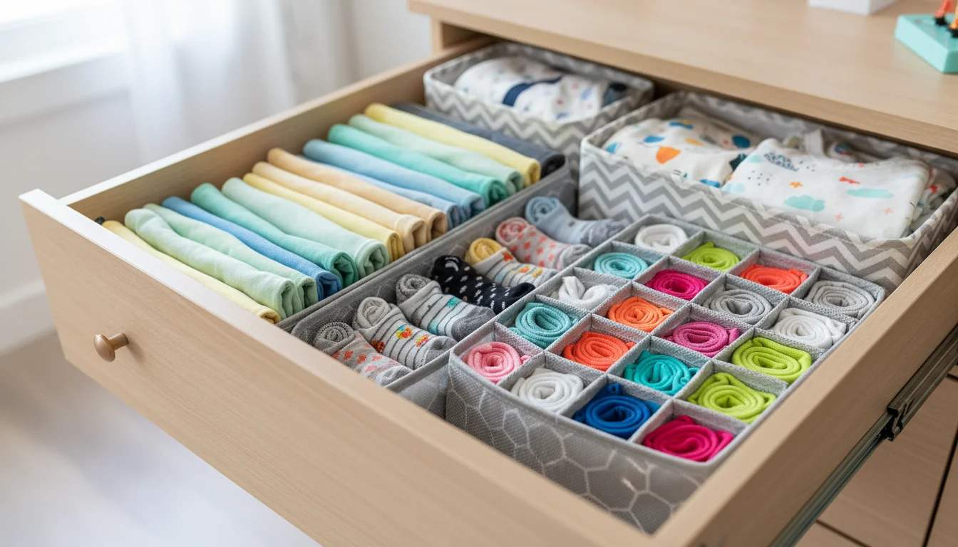 Close-up of a neatly organized dresser drawer featuring adjustable dividers, honeycomb organizers, and fabric bins with folded children's clothing, so