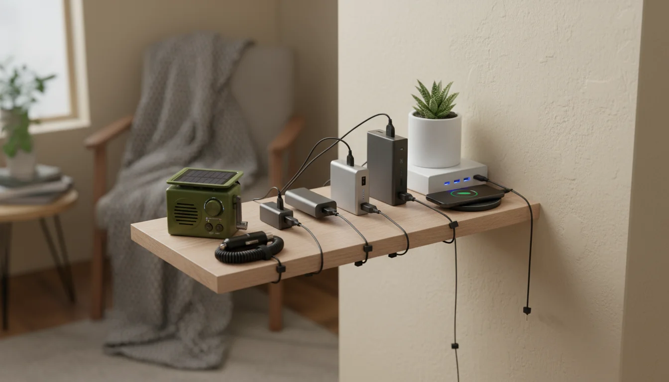 Organized emergency charging station on a wooden shelf, featuring power banks, a smartphone, hand-crank charger, and car charger in a cozy home.