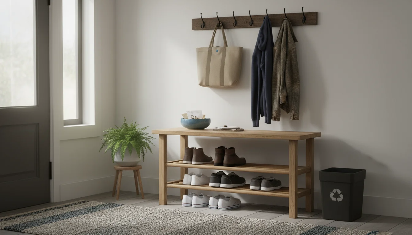 Organized entryway with a wall-mounted coat rack, keys in a bowl on a console table with mail and a recycling bin, and shoes neatly arranged on a rack