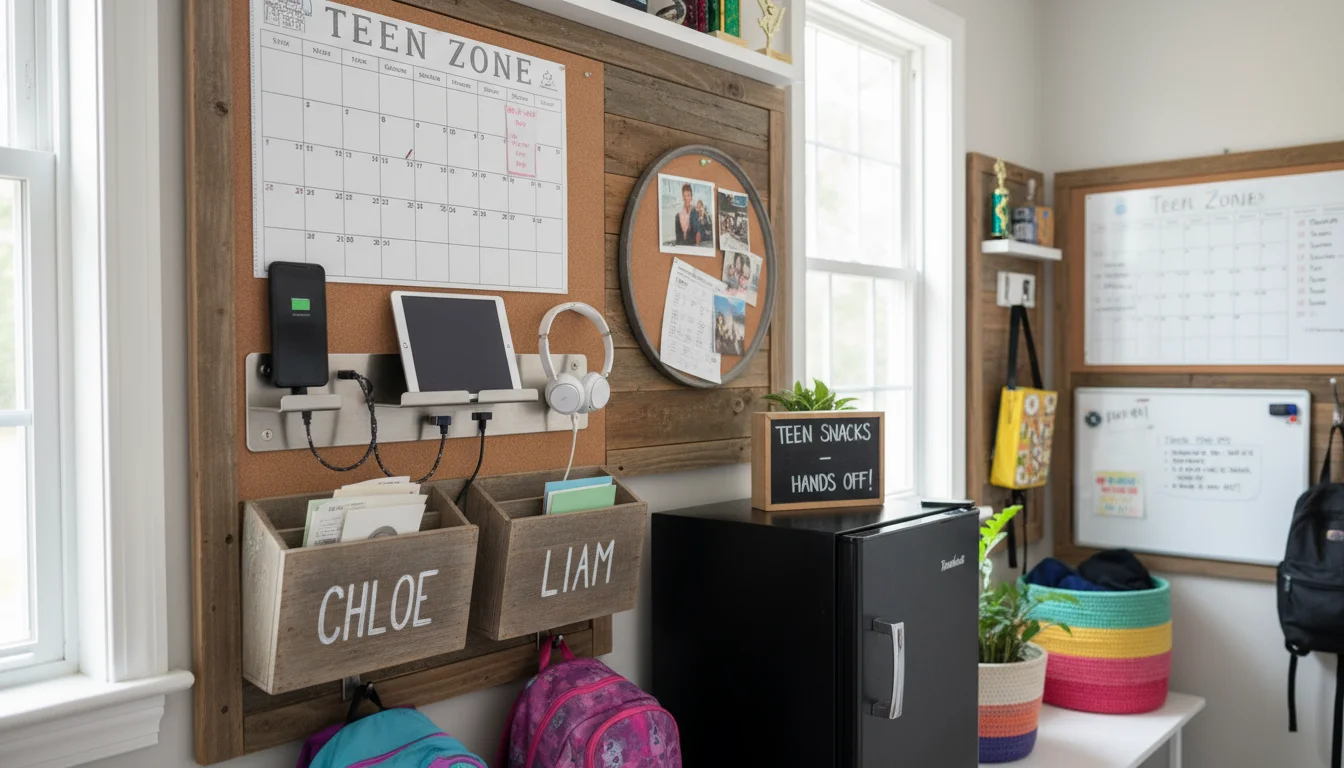 Organized family command center with charging phones, labeled slots for teenagers, and a cork board displaying school schedules.