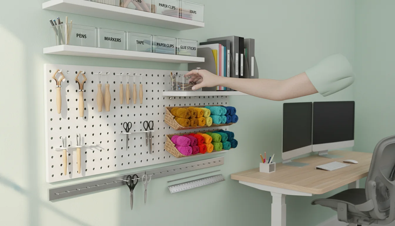 An organized home office and craft room wall featuring white wall-mounted storage: clear labeled bins, a pegboard with tools and yarn, and neat files.